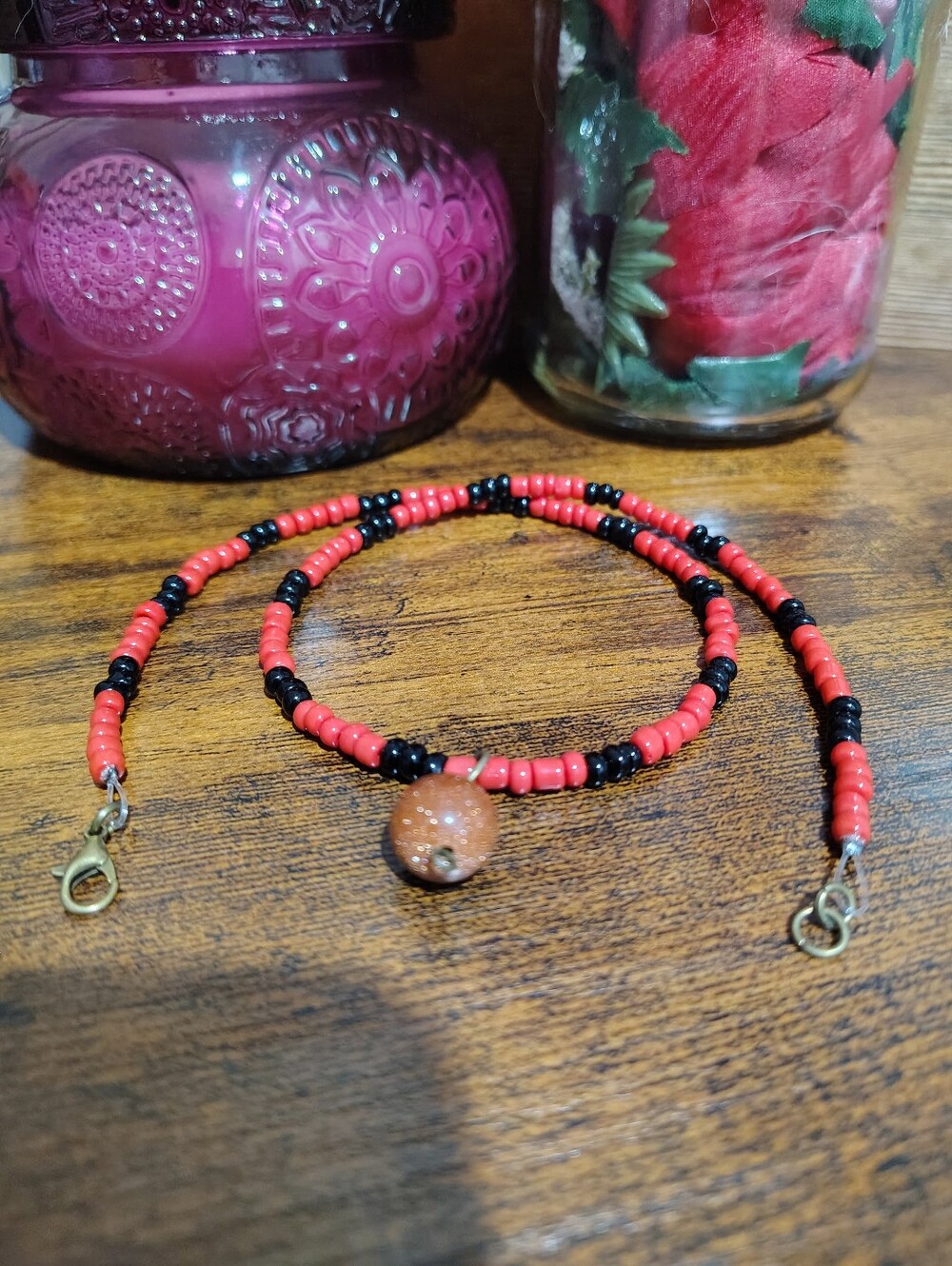 Red and Black Beaded Necklace with Goldstone Accent - Men's Necklace